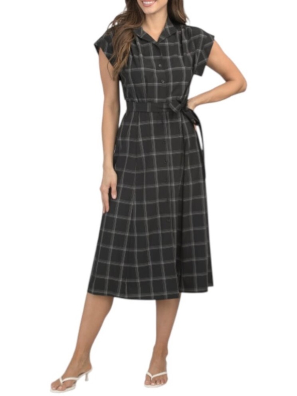 ‼️LAST CHANCE‼️ CK Calvin Klein Windowpane Plaid Cap Sleeve Midi Shirtdress